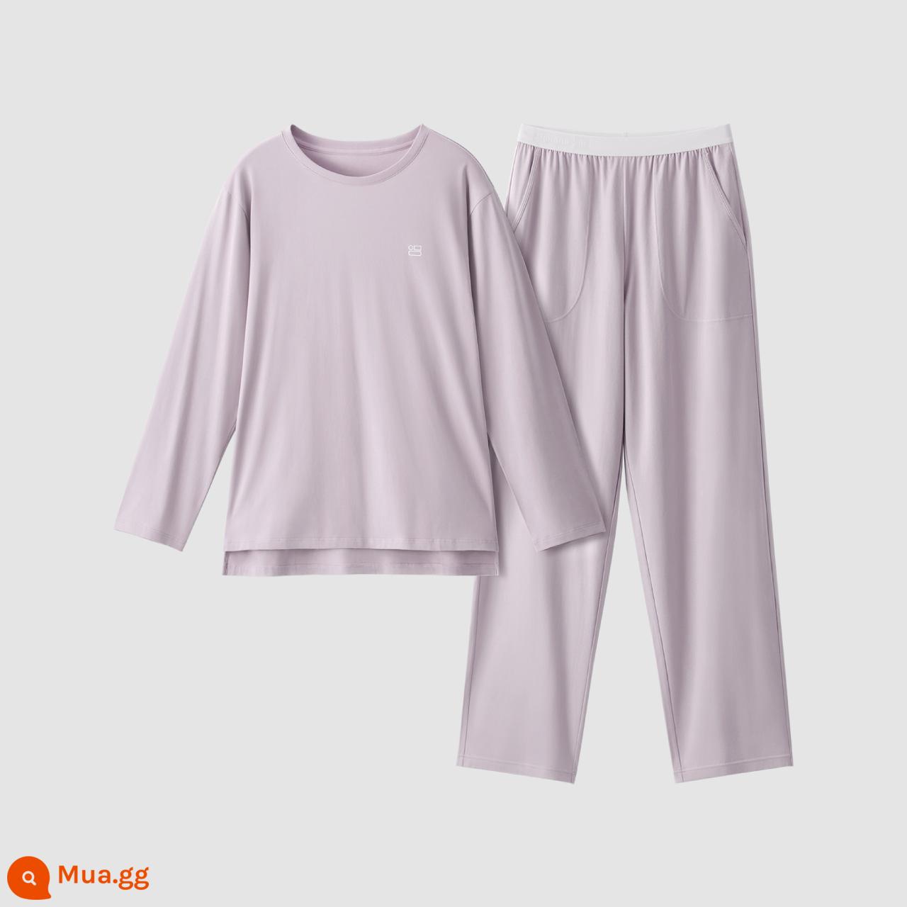 [Cùng phong cách của Zhou Dongyu] Bộ đồ ngủ cotton bên trong chuối 301S dành cho nam và nữ mùa xuân và mùa thu cotton nguyên chất dài tay cho cặp đôi phục vụ tại nhà - Áo cổ tròn nữ - hồng và tím