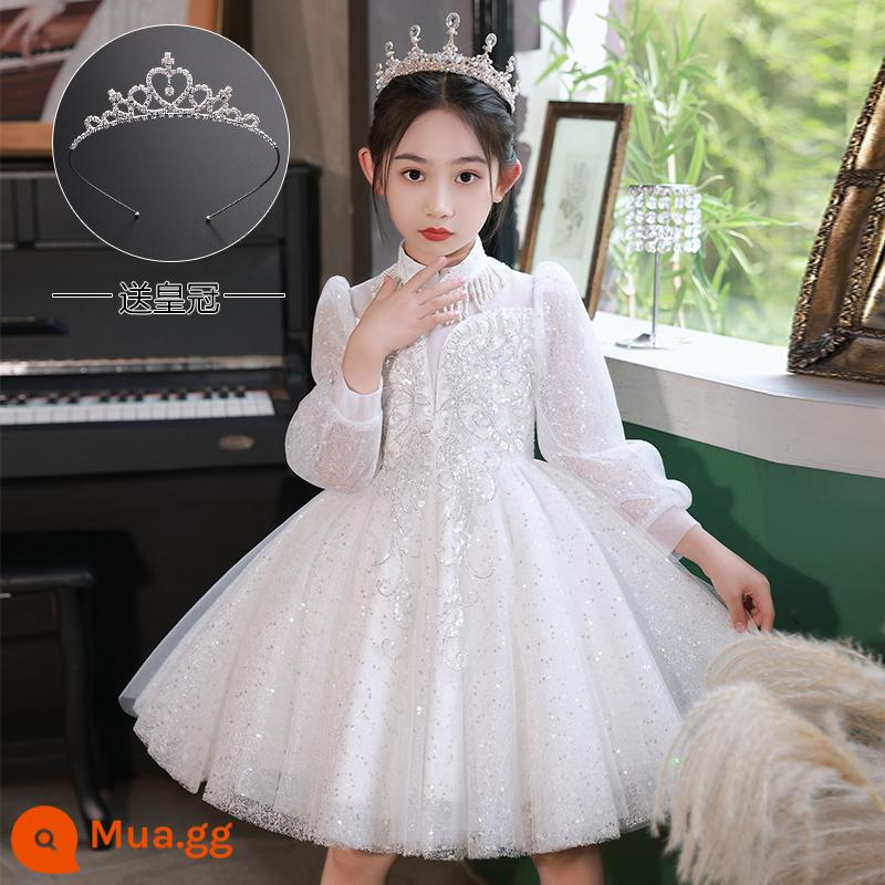 Váy bé gái, nhẹ nhàng sang trọng, váy biểu diễn piano thích hợp, váy công chúa sinh nhật trẻ em, váy hoa dài tay chủ nhà, mùa thu đông - 2306 Trắng [Tay dài]