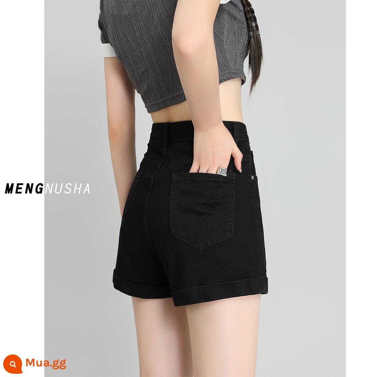 Quần short denim nữ mỏng mùa hè 2023 mùa hè mới màu đen người đàn ông nhỏ cuộn eo cao một từ quần thun nóng - đen