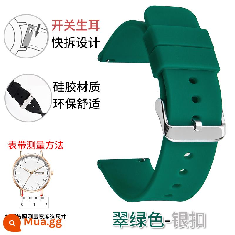 Dây đeo silicone unisex Smart Watch thể thao chống thấm mồ hôi giao diện phẳng khóa pin nữ 20/22/24mm thay thế - Khóa bạc xanh ngọc lục bảo