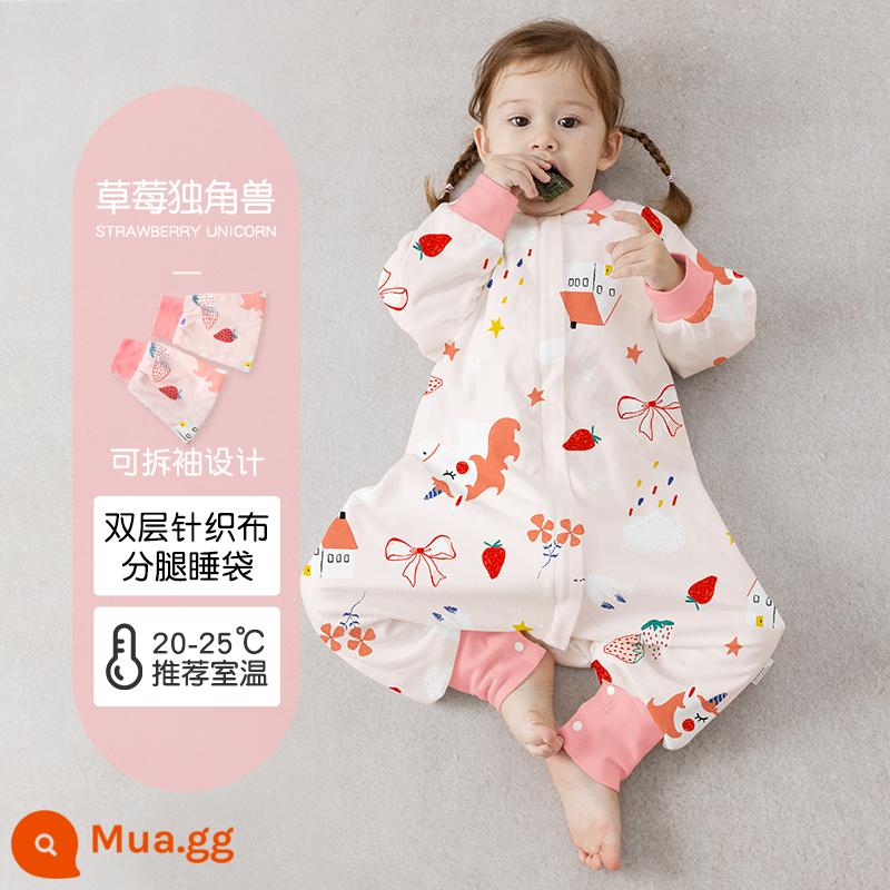 Túi ngủ cho bé xuân thu hai lớp cotton nguyên chất Túi ngủ xẻ chân cho bé Mùa thu đông phòng máy lạnh chăn bông chống đá đa năng - Dâu Unicorn (hai lớp không chần) nhiệt độ áp dụng 20-25 độ