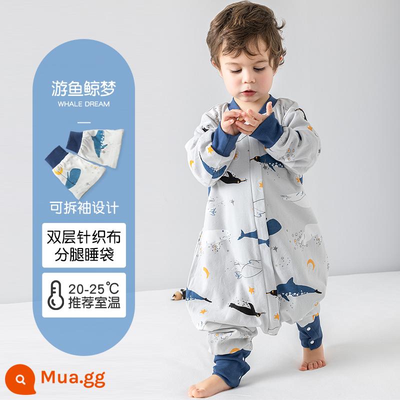 Túi ngủ cho bé xuân thu hai lớp cotton nguyên chất Túi ngủ xẻ chân cho bé Mùa thu đông phòng máy lạnh chăn bông chống đá đa năng - Giấc mơ cá voi bơi lội (hai lớp không chần bông) nhiệt độ áp dụng 20-25 độ