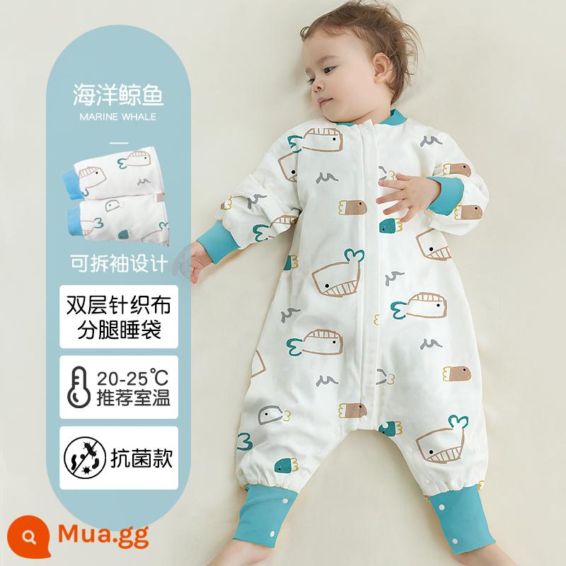 Túi ngủ cho bé xuân thu hai lớp cotton nguyên chất Túi ngủ xẻ chân cho bé Mùa thu đông phòng máy lạnh chăn bông chống đá đa năng - Cá voi kháng khuẩn (hai lớp không chần bông) nhiệt độ áp dụng 20-25 độ