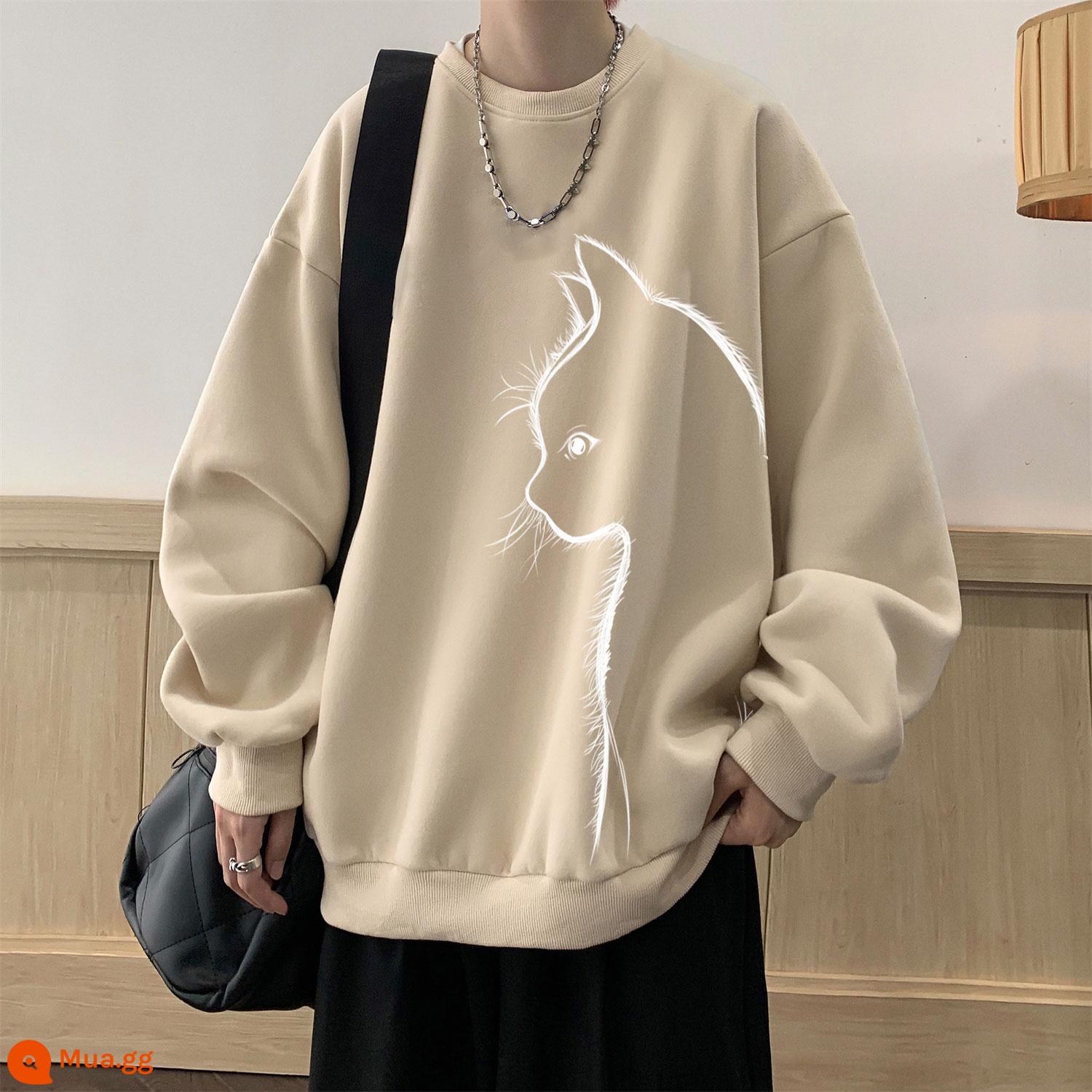 Round -Neck dài -Sleeved dày cotton t nam mùa thu lỏng lẻo lớn Xu hướng retro Nhật Bản mùa đông Hồng Kông Phong cách Hồng Kông Top Velvet Top - quả mơ