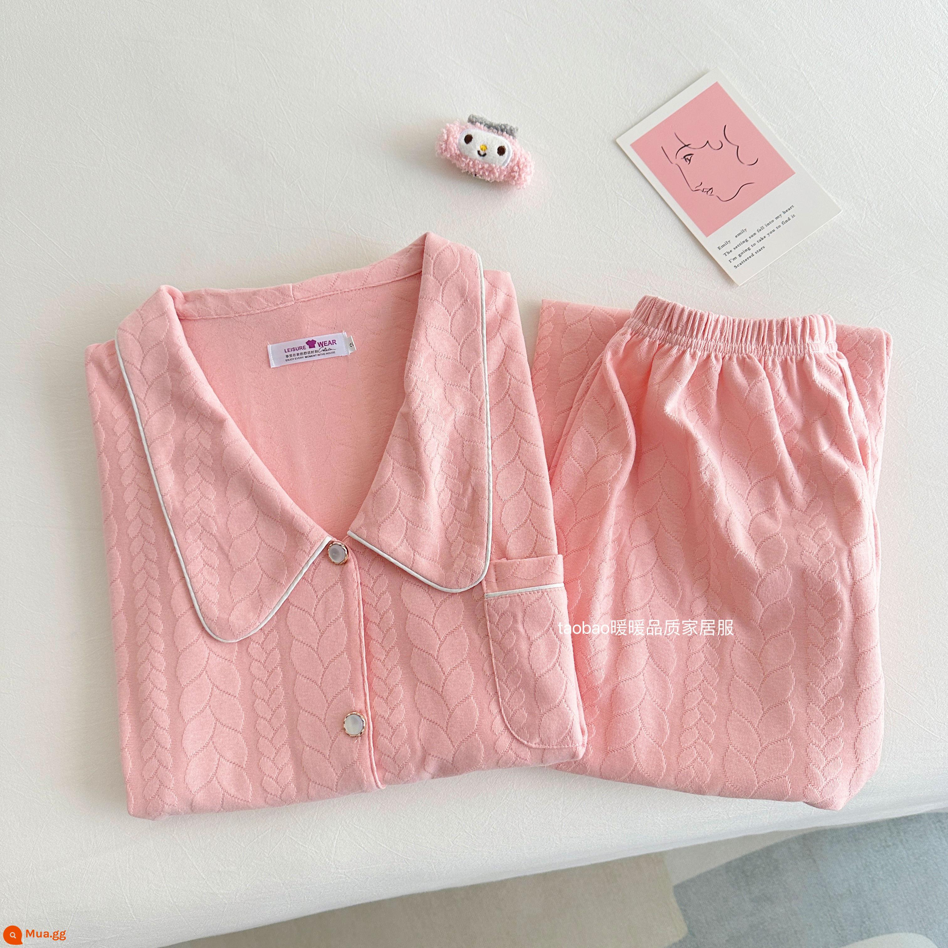 Bộ đồ ngủ dài tay bằng cotton nguyên chất màu trơn cao cấp dành cho nữ phong cách khí chất mùa xuân và mùa thu bộ đồ hai mảnh phục vụ tại nhà bằng cotton dành cho nữ - 9885-Hồng