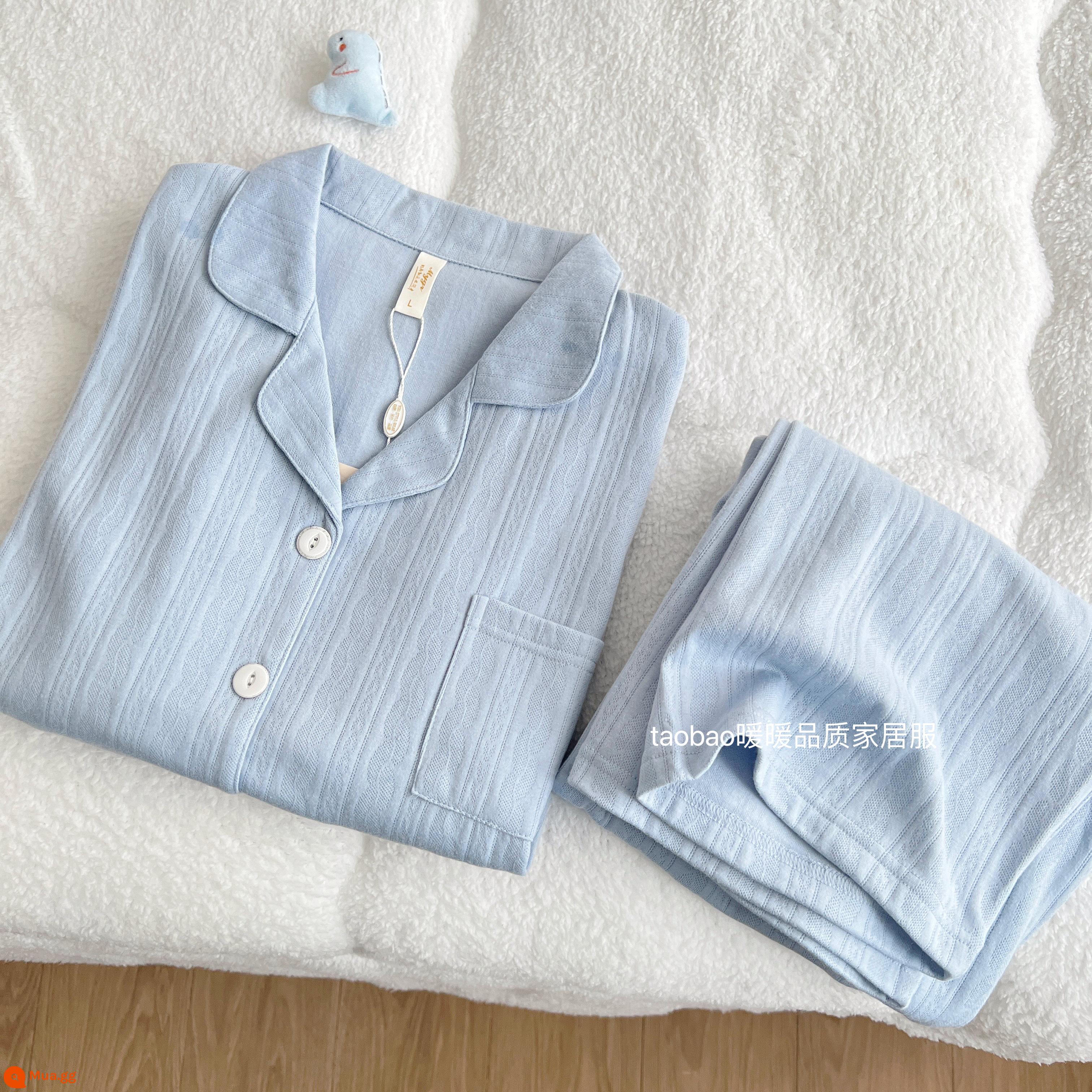 Bộ đồ ngủ dài tay bằng cotton nguyên chất màu trơn cao cấp dành cho nữ phong cách khí chất mùa xuân và mùa thu bộ đồ hai mảnh phục vụ tại nhà bằng cotton dành cho nữ - 14483-Xanh