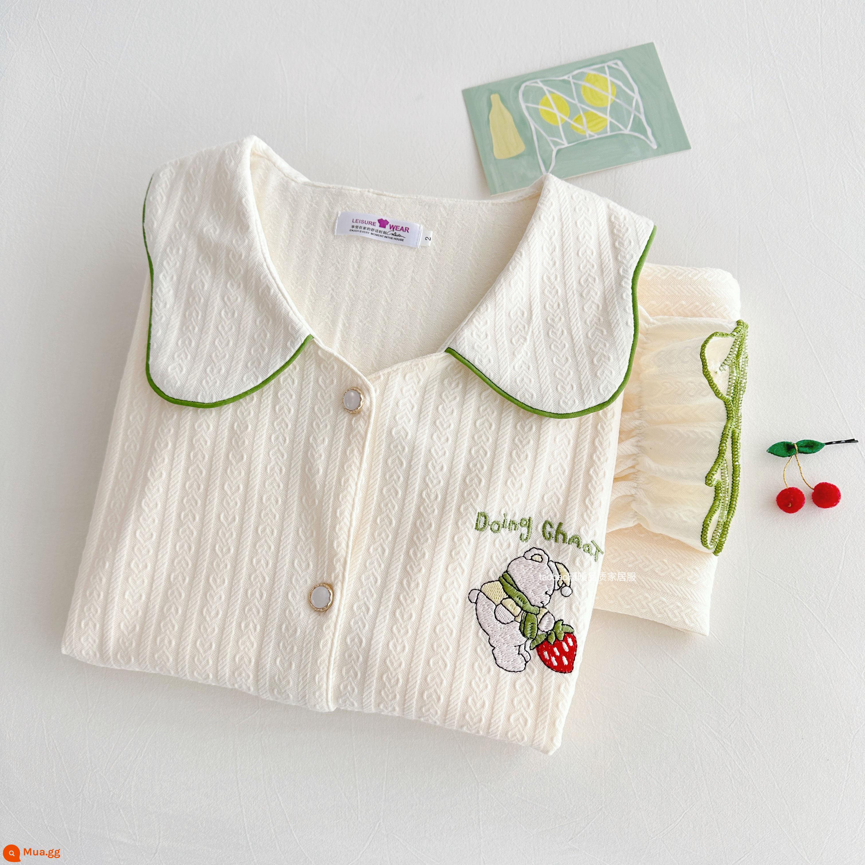 Bộ đồ ngủ dài tay bằng cotton nguyên chất màu trơn cao cấp dành cho nữ phong cách khí chất mùa xuân và mùa thu bộ đồ hai mảnh phục vụ tại nhà bằng cotton dành cho nữ - 98807-cạnh xanh