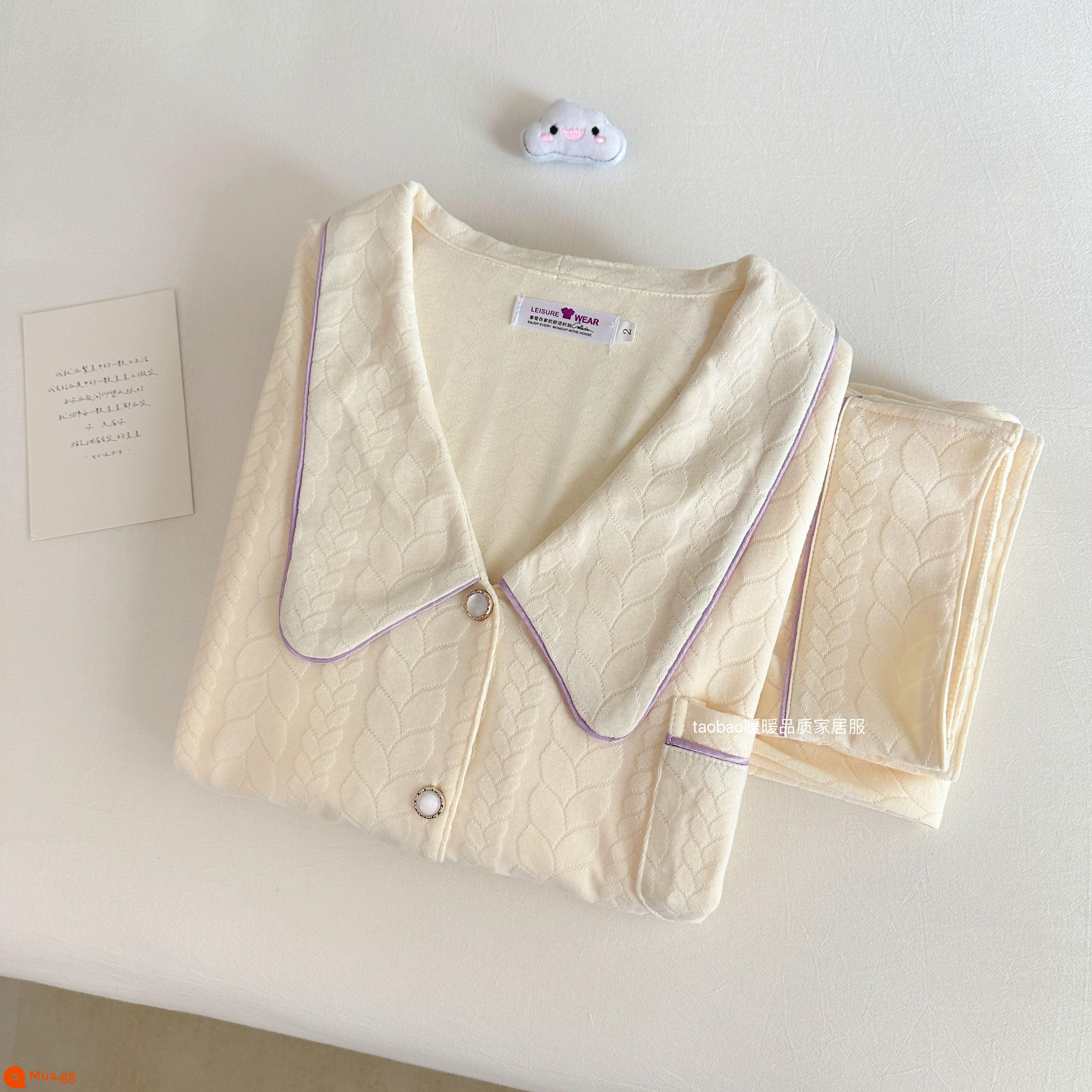 Bộ đồ ngủ dài tay bằng cotton nguyên chất màu trơn cao cấp dành cho nữ phong cách khí chất mùa xuân và mùa thu bộ đồ hai mảnh phục vụ tại nhà bằng cotton dành cho nữ - 9885-Cạnh tím