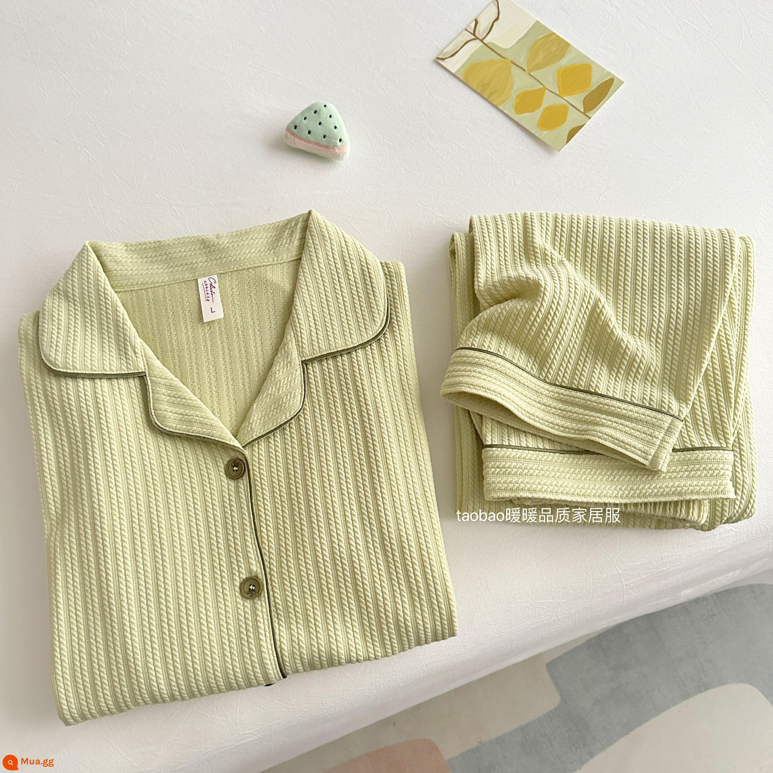 Bộ đồ ngủ dài tay bằng cotton nguyên chất màu trơn cao cấp dành cho nữ phong cách khí chất mùa xuân và mùa thu bộ đồ hai mảnh phục vụ tại nhà bằng cotton dành cho nữ - 43282-Xanh