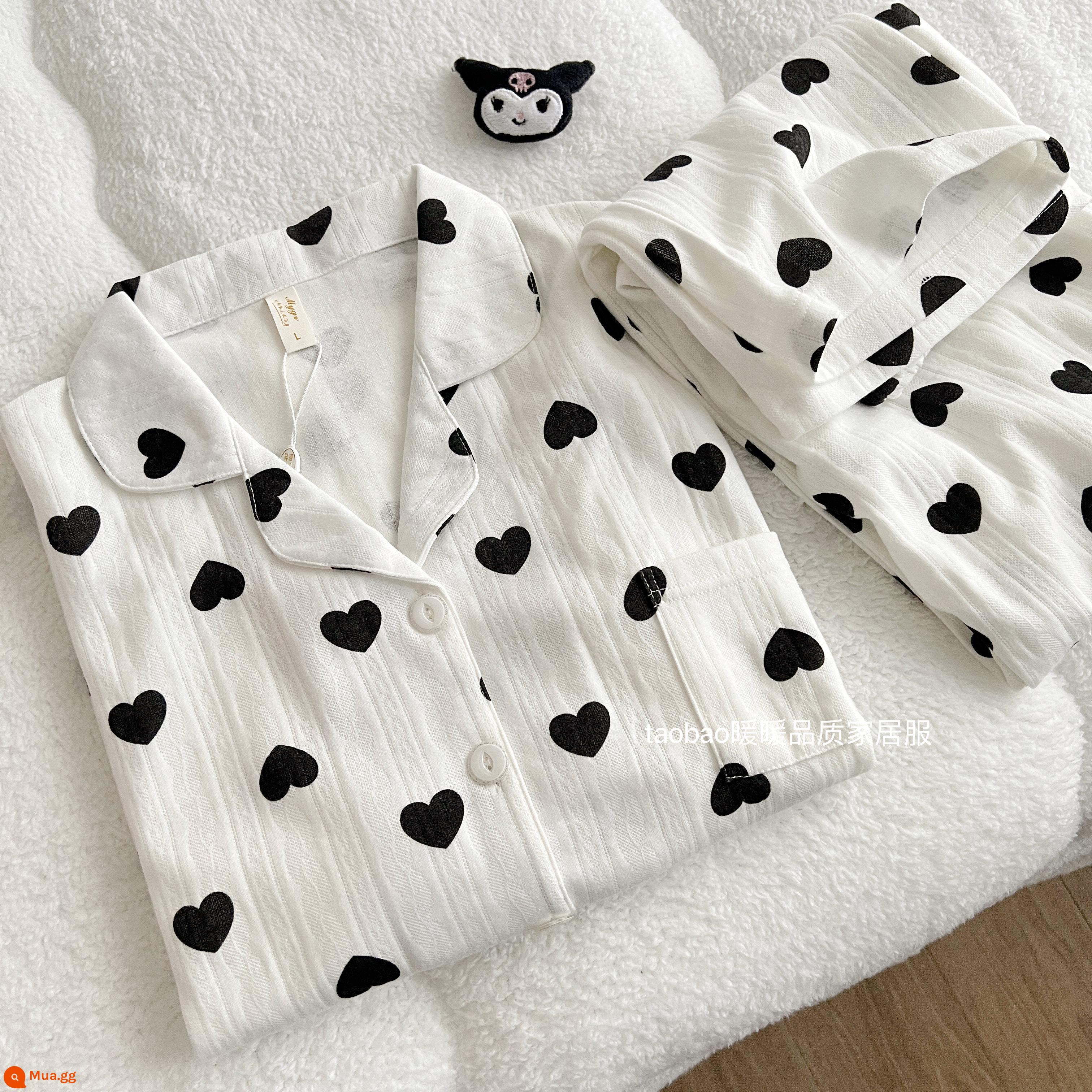 Bộ đồ ngủ dài tay bằng cotton nguyên chất màu trơn cao cấp dành cho nữ phong cách khí chất mùa xuân và mùa thu bộ đồ hai mảnh phục vụ tại nhà bằng cotton dành cho nữ - 14483-tràn đầy tình yêu