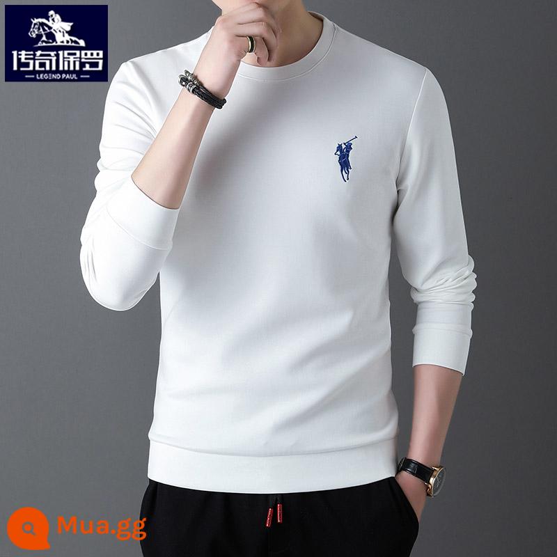 Áo thun dài tay polo nam thu đông thương hiệu xu hướng thêu áo thun cổ tròn quần dài Áo thun cotton dày dặn - Trắng [Phong cách ảnh chính] [Phong cách mùa xuân và mùa thu]