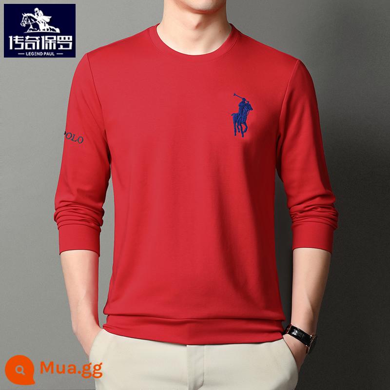 Áo thun dài tay polo nam thu đông thương hiệu xu hướng thêu áo thun cổ tròn quần dài Áo thun cotton dày dặn - Đỏ Trung Quốc [Phong cách 6679] [Phong cách mùa xuân và mùa thu]