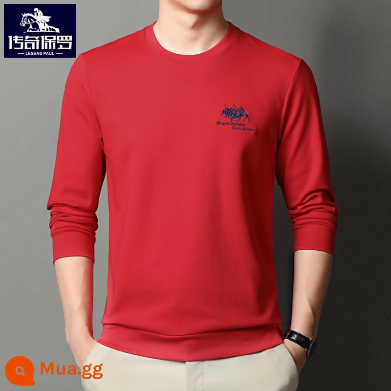 Áo thun dài tay polo nam thu đông thương hiệu xu hướng thêu áo thun cổ tròn quần dài Áo thun cotton dày dặn - Đỏ Trung Quốc [Phong cách 6628] [Phong cách mùa xuân và mùa thu]