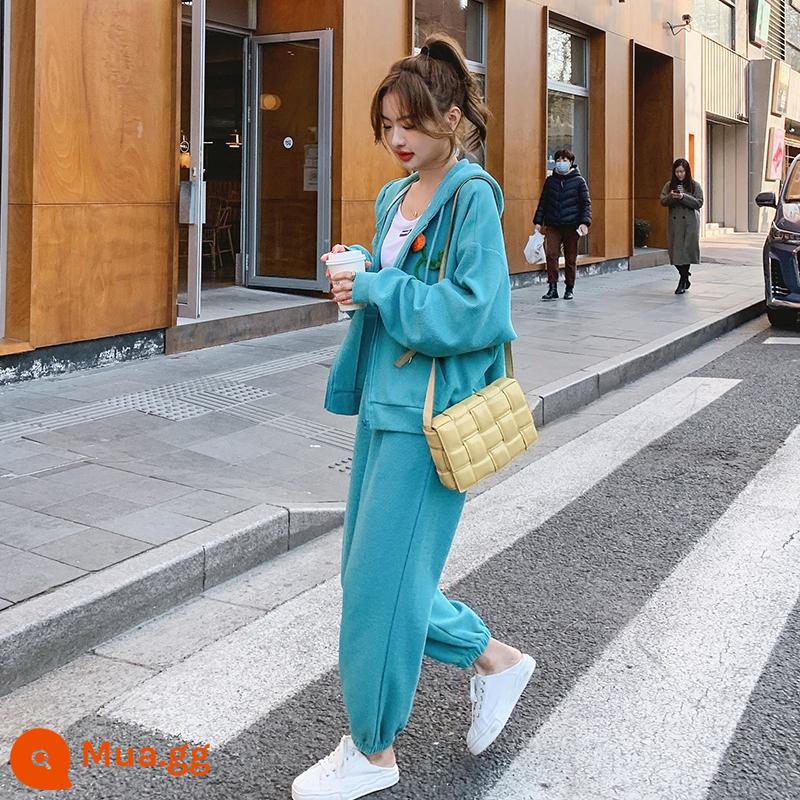 Bộ đồ cotton dày giản dị cho nữ mùa xuân và mùa thu 2023 mới rán thời trang đường phố phong cách nước ngoài hai mảnh giảm tuổi sang trọng - màu xanh da trời