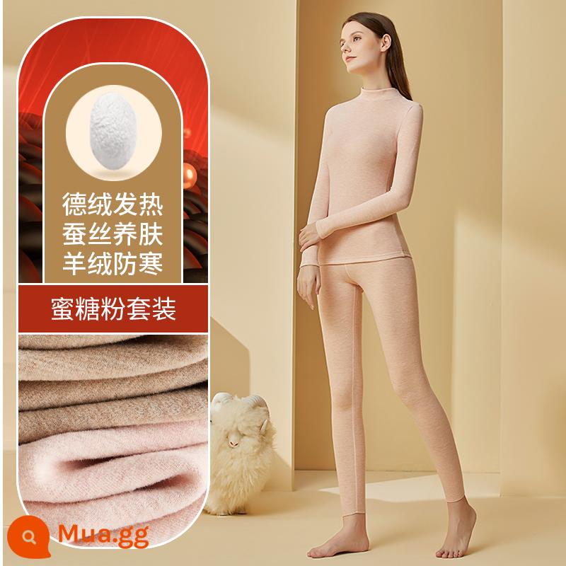 Quần áo làm nóng bằng lụa và cashmere cho nhung nữ cổ áo cao tự sưởi ấm cộng với nhung dày dặn quần áo mùa thu phù hợp với đáy quần áo mặc trong của nam giới - [Đức + Cashmere + Silk] Suit Nữ - Hồng mật ong