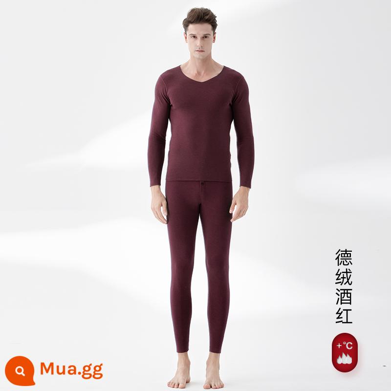 Velvet không có quần nóng không phải quần nam mùa thu mới và mùa đông cộng với nhung dày tự phát chống lại quần áo mùa thu mùa thu nóng hổi quần áo vệ sinh - Rượu vang đỏ Derong