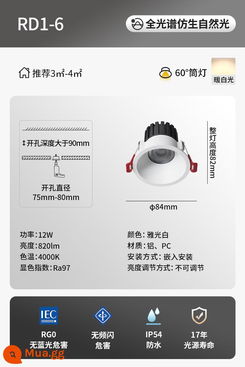 Đèn LED âm trần bảo vệ mắt toàn phổ Berman Hermit của Đức gắn đèn chiếu sáng sâu chống chói phòng khách không có đèn chính chống thấm nước - Đèn downlight [Ánh sáng trắng ấm 12W] Giá đỡ đèn cố định <60°