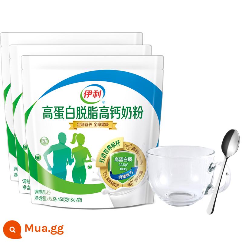 Sữa bột giàu canxi tách béo hàm lượng protein cao của Yili dành cho người lớn dành cho người lớn nữ sinh viên đại học Sữa bột ít béo dinh dưỡng cho người trung niên và người cao tuổi - Canxi cao gầy 450g*3 túi (kèm ly + thìa)