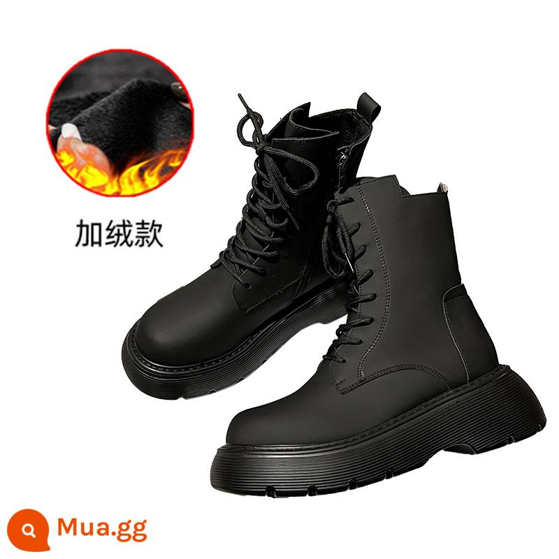 Bánh thông dày Boots Boots Nữ 2022 Mới mùa thu và mùa đông cộng với đôi giày nhung trong ống giữa martin bốt da - Đen (cộng với nhung)