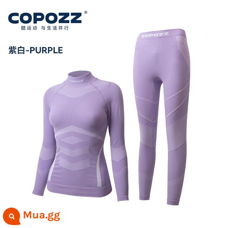 COPOZZ Đồ lót khô nhanh trượt tuyết dành cho nữ Thể thao chuyên nghiệp Ấm áp Đổ mồ hôi Nén thoáng khí Bộ đồ trượt tuyết mùa thu và mùa đông của nam giới - Trắng tím [★Bộ quần nữ phong cách chuyên nghiệp cao cấp]