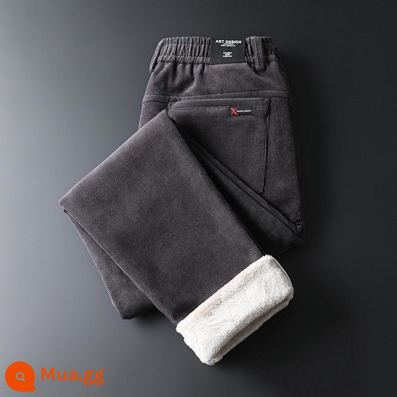 Mùa đông thịt cừu nhung quần âu nam slim-fit phong cách 2022 Plus nhung dày ấm quần cotton cho áo khoác ngoài quần nhung kẻ - Xám [nhung]