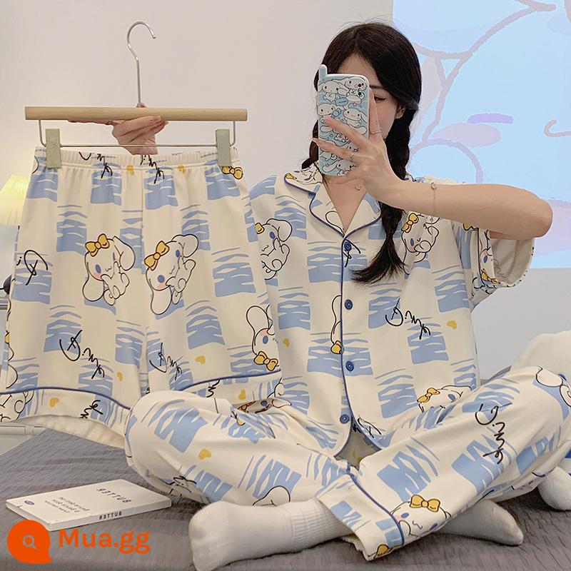 Bộ đồ ngủ ins gió mùa hè của phụ nữ cotton nguyên chất mỏng ba mảnh phù hợp với lưới ngắn tay màu đỏ dễ thương áo khoác ngoài kích thước lớn dịch vụ gia đình - 53030 Nữ [Bộ đồ ba mảnh]