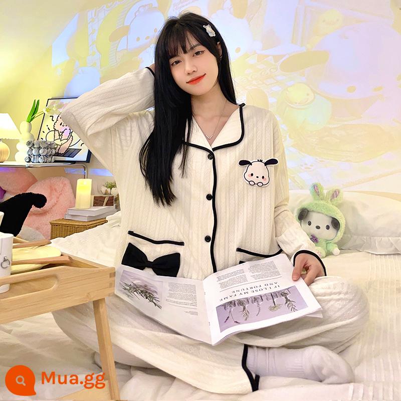 Bộ đồ ngủ dài tay bằng cotton nguyên chất mùa xuân và mùa thu cho nữ cậu bé ba mắt 2023 mùa hè mới kiểu lưới đỏ áo khoác ngoài dễ thương phục vụ tại nhà - 6749 nữ