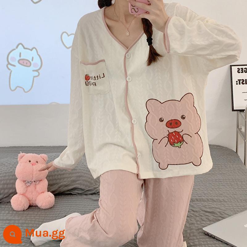 Mùa xuân và mùa thu bộ đồ ngủ dài tay phụ nữ cotton mùa hè phần mỏng mùa thu lưới đỏ phong cách gấu dâu tây dễ thương quần áo mặc nhà kích thước lớn mùa đông - NS3502 Nữ [Lợn Dâu Cổ Chữ V]