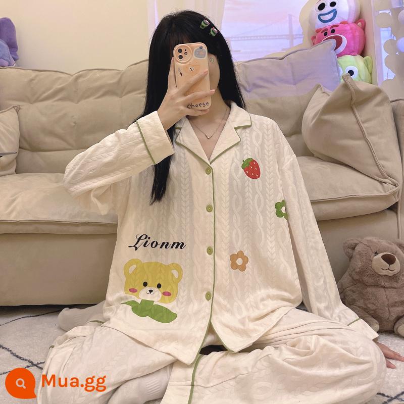 Mùa xuân và mùa thu bộ đồ ngủ dài tay phụ nữ cotton mùa hè phần mỏng mùa thu lưới đỏ phong cách gấu dâu tây dễ thương quần áo mặc nhà kích thước lớn mùa đông - A29 nữ