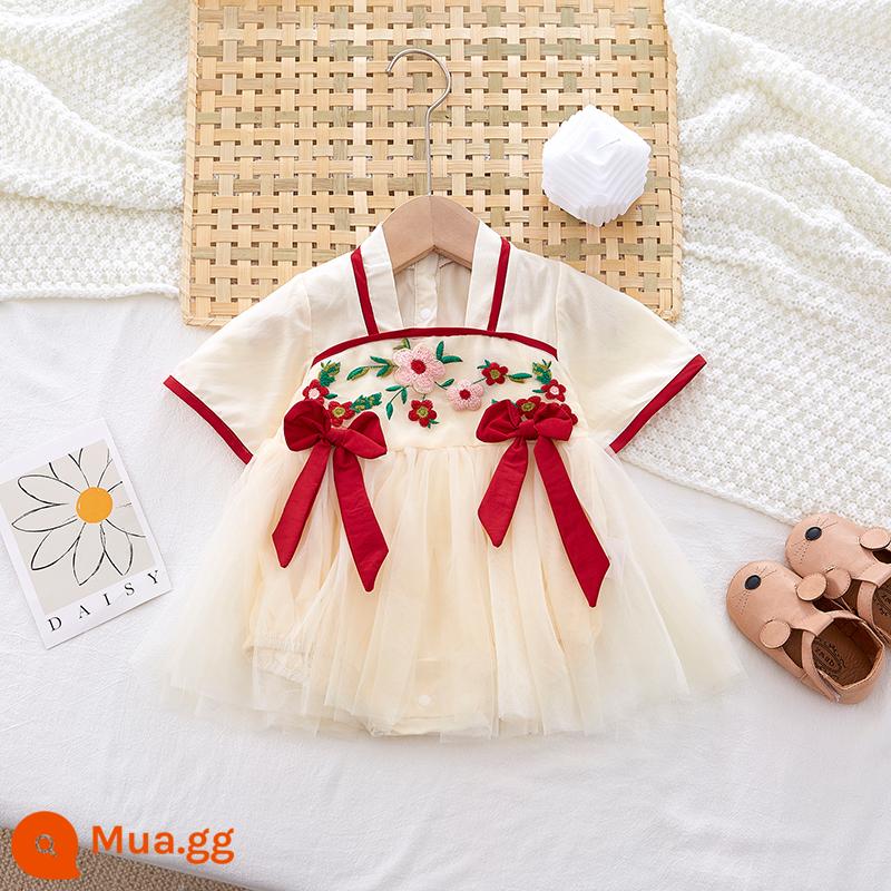 Quần áo trẻ em mùa hè phong cách Trung Hoa Hanfu áo liền quần cotton nguyên chất nữ bé công chúa trăng tròn trăm ngày bắt tuần váy mỏng - [Váy che mông]Màu hoa mai