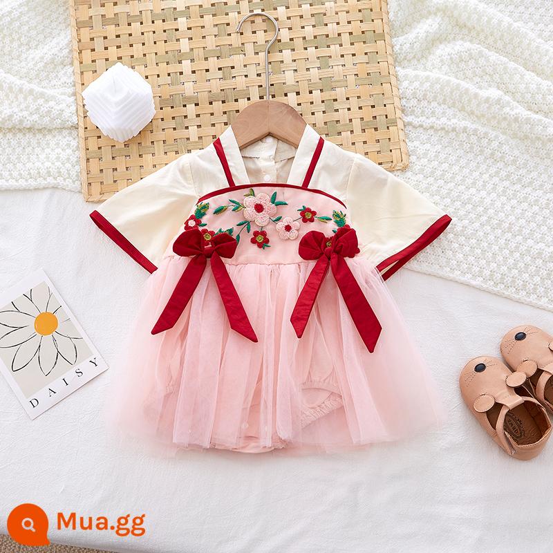 Quần áo trẻ em mùa hè phong cách Trung Hoa Hanfu áo liền quần cotton nguyên chất nữ bé công chúa trăng tròn trăm ngày bắt tuần váy mỏng - [Váy che mông] hồng