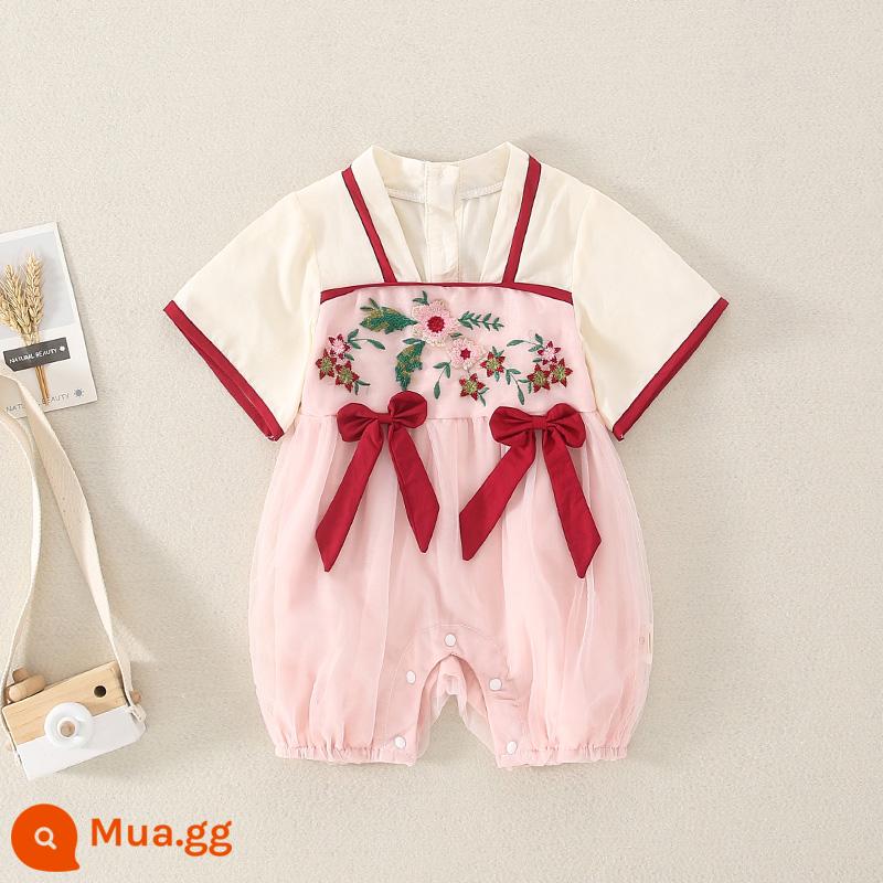 Quần áo trẻ em mùa hè phong cách Trung Hoa Hanfu áo liền quần cotton nguyên chất nữ bé công chúa trăng tròn trăm ngày bắt tuần váy mỏng - Nơ hồng