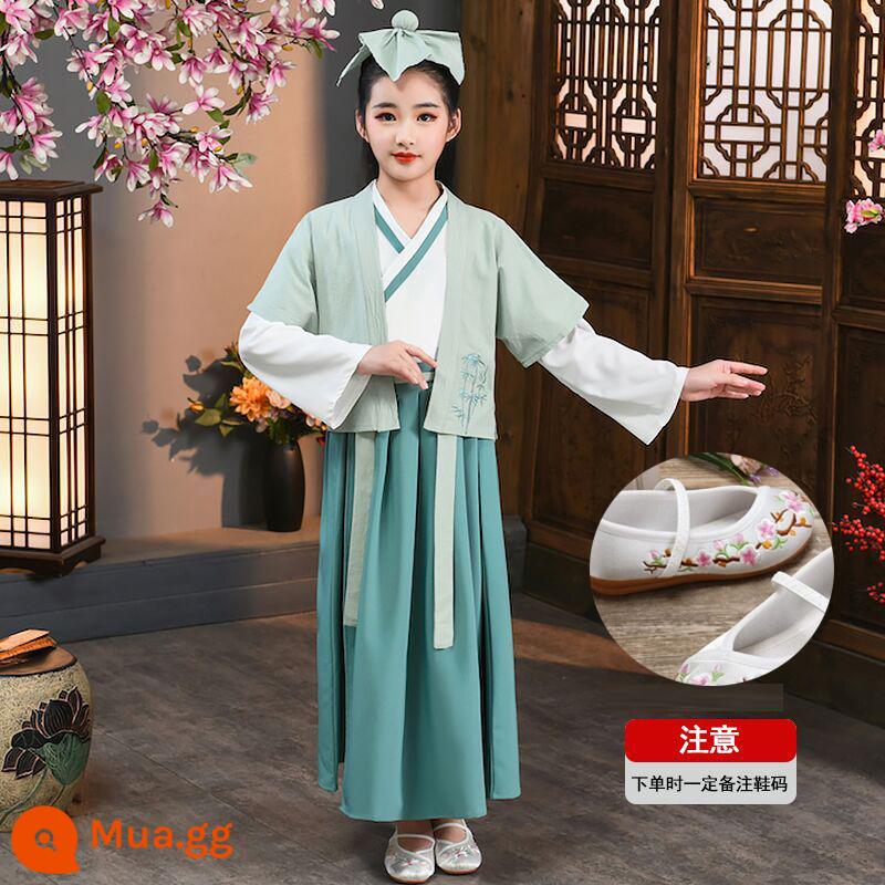 Hanfu trẻ em, tiết mục khai mạc trường mẫu giáo bé gái, trang phục bé trai phong cách Trung Hoa, đồng phục học sinh Trung Quốc, trang phục biểu diễn tiểu học nữ - Quần áo trắng + váy xanh + vest + giày nữ, vui lòng lưu ý size giày.