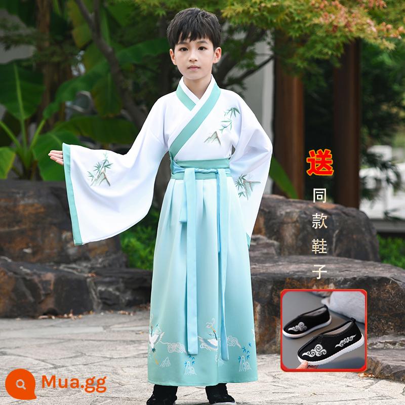 Hanfu trẻ em, tiết mục khai mạc trường mẫu giáo bé gái, trang phục bé trai phong cách Trung Hoa, đồng phục học sinh Trung Quốc, trang phục biểu diễn tiểu học nữ - Giày nam + giày in hình hạc xanh Lưu ý cỡ giày