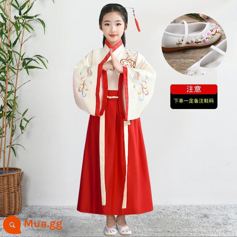 Hanfu trẻ em, tiết mục khai mạc trường mẫu giáo bé gái, trang phục bé trai phong cách Trung Hoa, đồng phục học sinh Trung Quốc, trang phục biểu diễn tiểu học nữ - Giày F-1+ nữ váy màu be và đỏ vui lòng lưu ý size giày