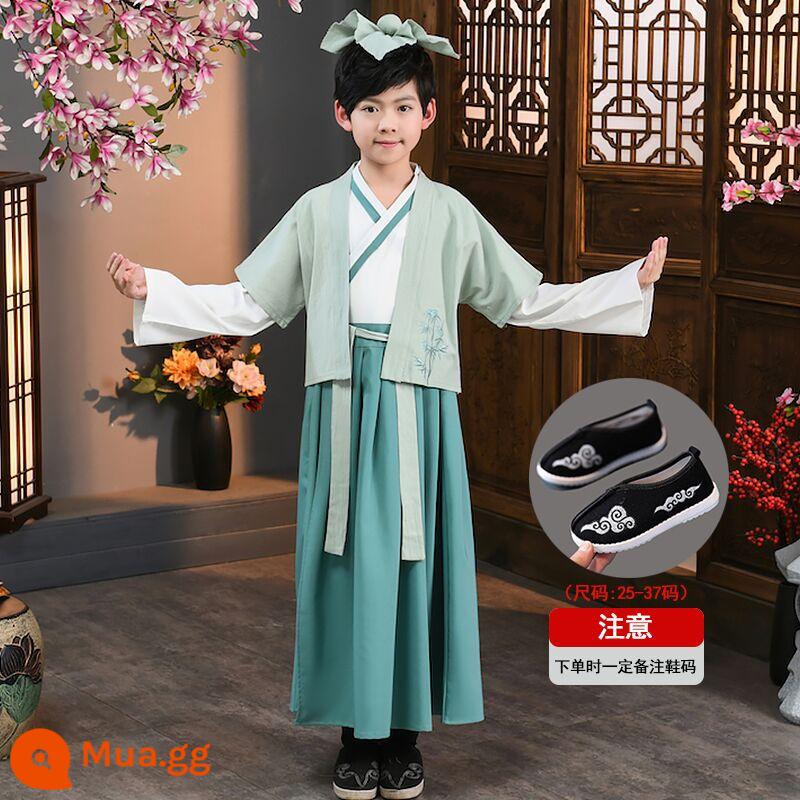 Hanfu trẻ em, tiết mục khai mạc trường mẫu giáo bé gái, trang phục bé trai phong cách Trung Hoa, đồng phục học sinh Trung Quốc, trang phục biểu diễn tiểu học nữ - Quần áo trắng + váy xanh + vest + giày nam, vui lòng lưu ý size giày.