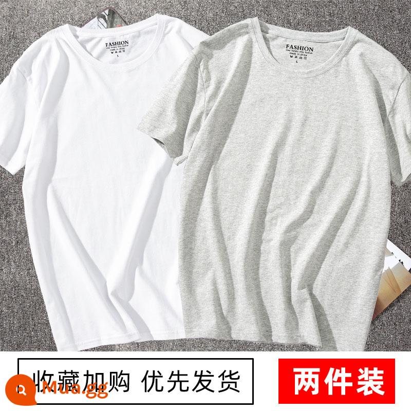 Áo thun ngắn tay màu trơn cotton nguyên chất của Nhật Bản áo sơ mi có đáy cho nam và nữ Áo thun trắng cỡ lớn Áo thun dài tay nam màu đen nguyên chất cỡ lớn nửa tay - [Trắng + Xám]