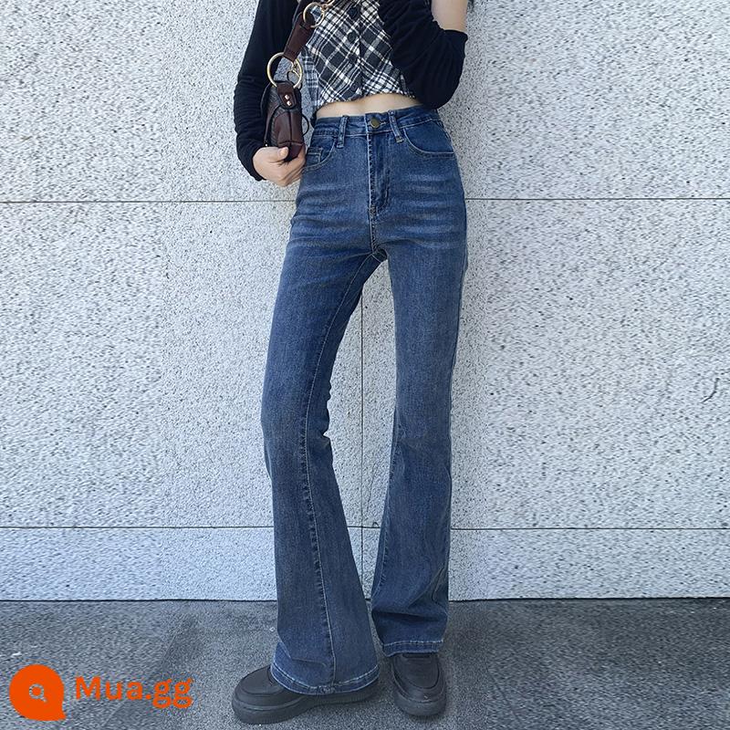 Quần jeans cạp cao Nong lưới màu đen mỏng quần jean nữ mùa thu đông 2022 mới quần ống loe siêu co giãn ôm sát phù hợp mọi lứa tuổi - Quần crop màu xanh đậm