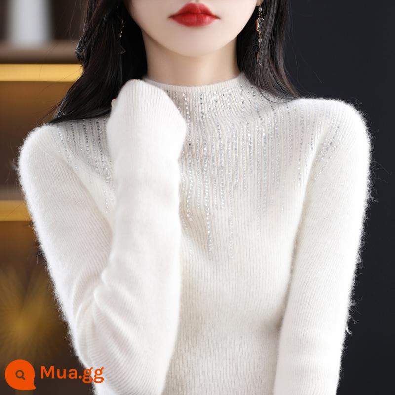 Áo len cổ lọ nửa của nữ 100 len nguyên chất kim cương áo thun dày cashmere áo sơ mi dệt kim có đáy ôm vừa vặn dành cho nữ - màu trắng ấm áp