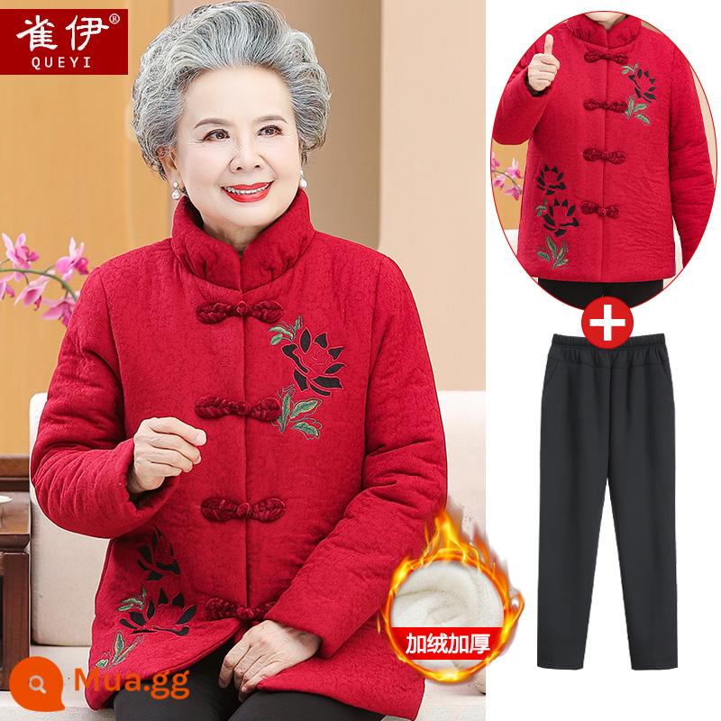 Grandma's Tang phù hợp với quần áo bông cho người già quần áo bông ấm quần áo mùa đông mẹ nữ cộng với cashmere dày bà già khóa bông áo khoác - Màu đỏ (áo lông cừu + quần lông cừu)