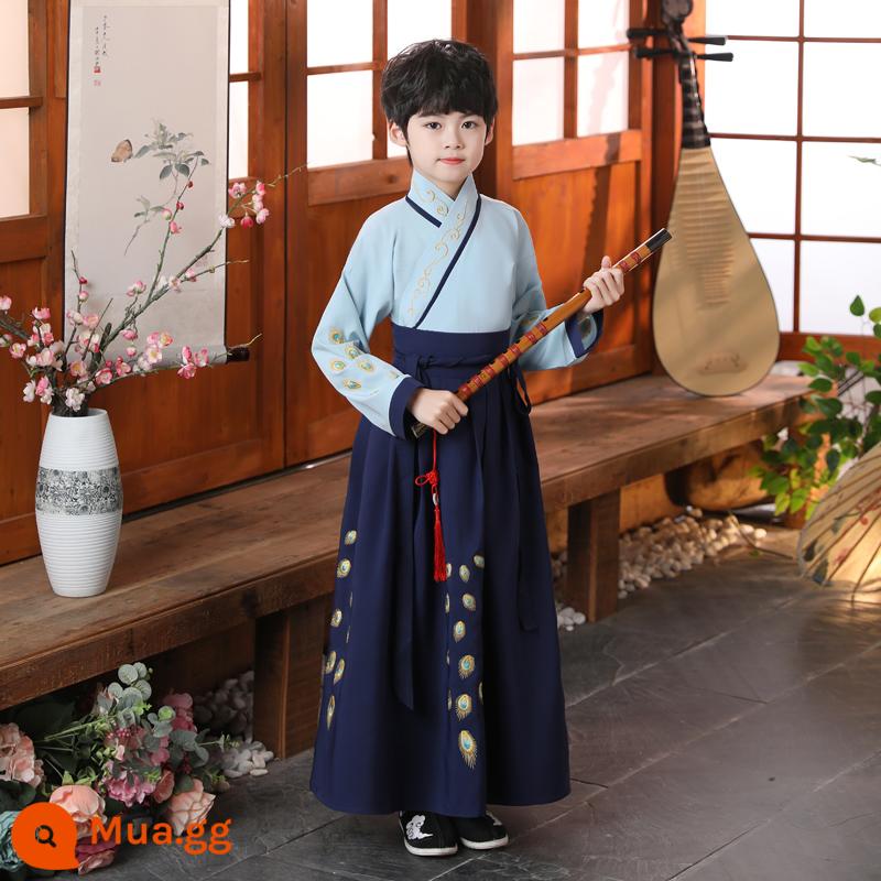 Hanfu trẻ em, phong cách Trung Hoa nam, phong cách mùa thu, trang phục bé trai, quần áo biểu diễn lớp, đồng phục học sinh Trung Quốc của cậu bé sách, bộ đồ Đường - Đuôi chim sẻ màu xanh navy (tặng kèm quạt gấp)