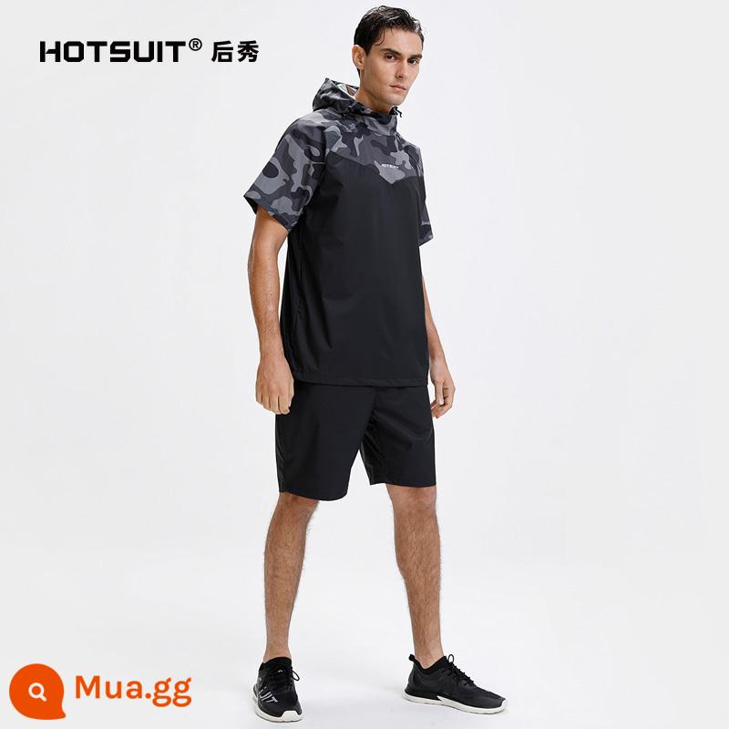 Hotsuit Houxiu mồ hôi phù hợp với tập thể dục chạy mùa thu và mùa đông bùng nổ mồ hôi nữ đào tạo kích thước lớn nhảy dây phù hợp với thể thao nam - Áo Sơ Mi Nam Tay Ngắn - Màu Đen Khoáng Ngụy Trang