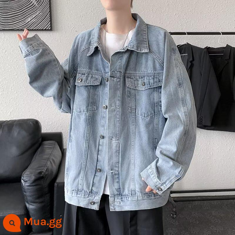 Mùa xuân và mùa thu áo khoác denim dáng rộng mới cho nam xu hướng áo khoác công cụ phiên bản Hàn Quốc phù hợp với tất cả quần áo giản dị phong cách Hồng Kông - màu xanh da trời