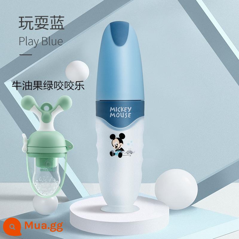 Disney Cơm Thìa Dán Bình Bóp Cho Bé Thìa Ăn Silicone Không Thực Phẩm Dụng Cụ Bộ Đồ Ăn Cho Bé - [Chơi thìa ăn màu xanh + cắn trái cây màu xanh vui vẻ]