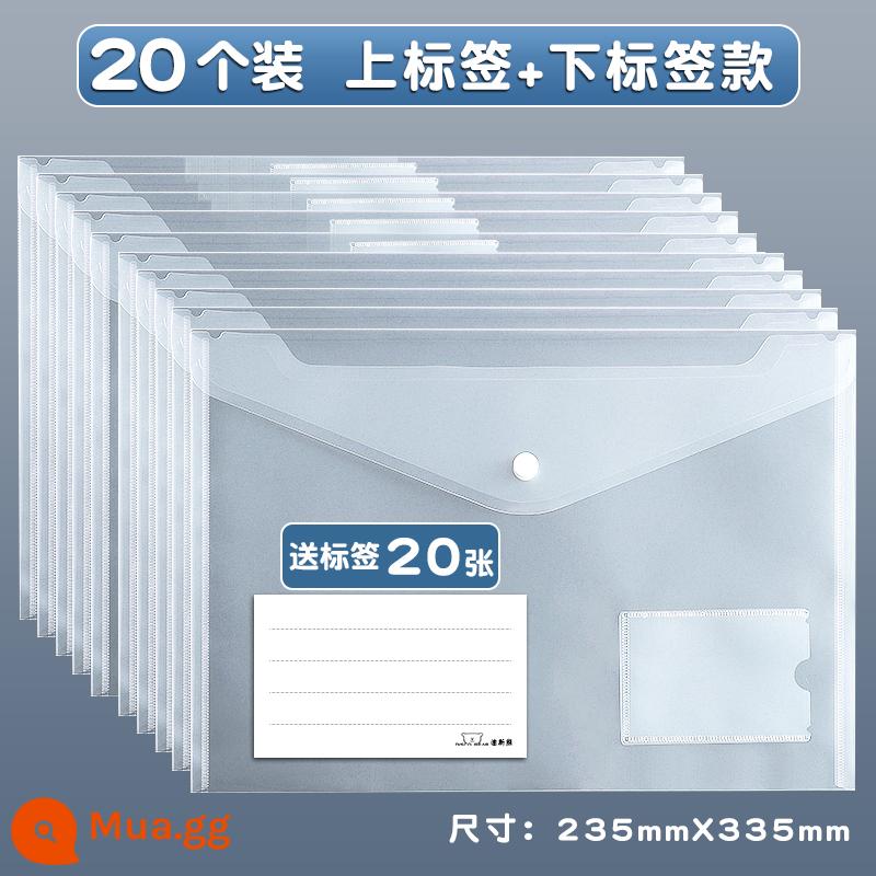 Túi hồ sơ A4 nhựa trong suốt dày chống thấm nước nút chụp công suất lớn kiểm tra giấy lưu trữ túi kinh doanh văn phòng phẩm thông tin hồ sơ sinh viên túi thư mục văn phòng phẩm tài liệu LOGO in tùy chỉnh bán buôn - Gói 20 miếng (10 nhãn dày trên + 10 nhãn dưới) miễn phí 20 nhãn