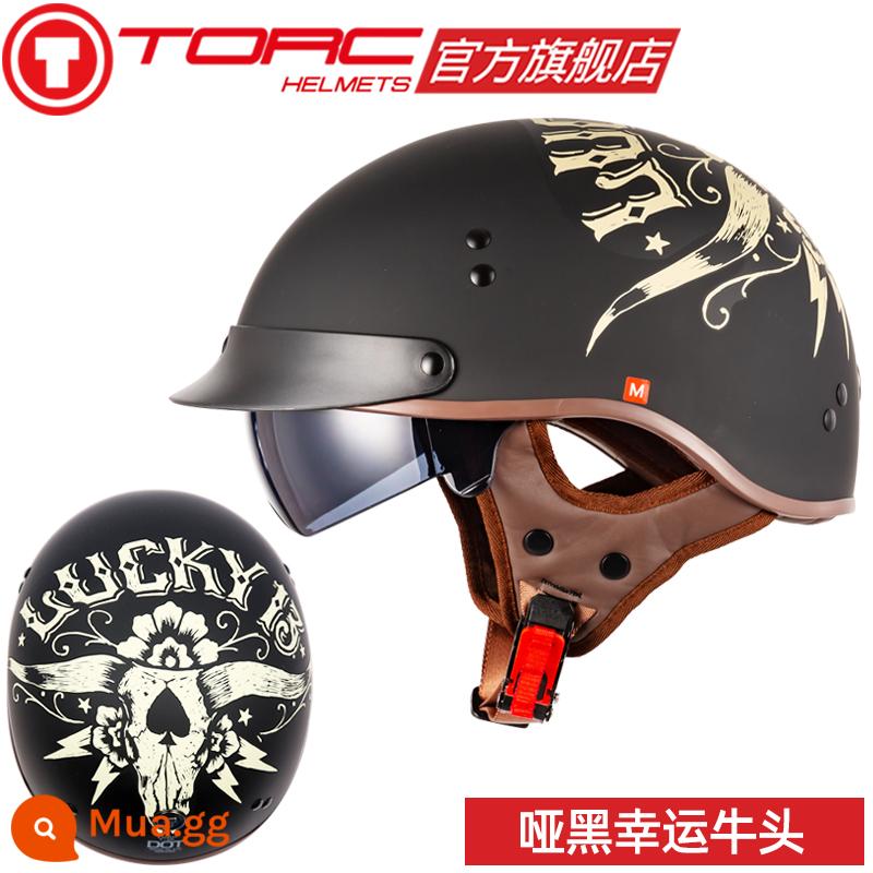 TORC đầu máy xe lửa Retro Mũ bảo hiểm nam nữ Harley Mũ bảo hiểm nửa mùa đông xe điện xe máy muỗng Mũ bảo hiểm 3C bốn mùa - Đầu bò may mắn màu đen mờ