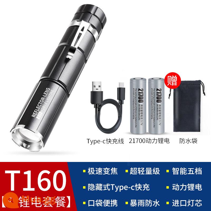 Đèn pin siêu sáng Rini sạc ngoài trời nhỏ chống chói mini nhỏ bền pin xenon di động chiếu sáng xa - [Gói pin lithium kép thứ sáu] Pin lithium T160-21700-Chế độ sạc ẩn zoom siêu cơ học