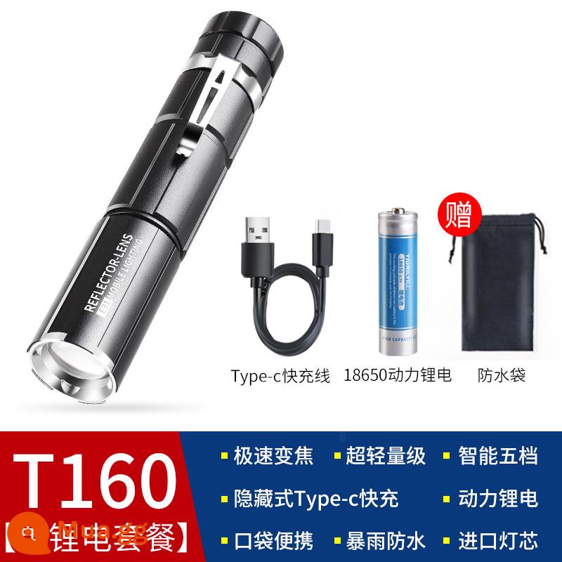 Đèn pin siêu sáng Rini sạc ngoài trời nhỏ chống chói mini nhỏ bền pin xenon di động chiếu sáng xa - [Gói pin lithium đơn 1] Pin lithium T160-18650 - zoom siêu cơ học - chế độ sạc ẩn