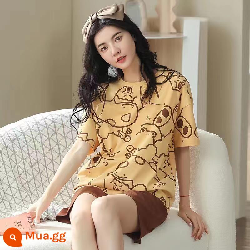 Bộ đồ ngủ mới quần short ngắn tay mùa hè của phụ nữ có thể mặc ra ngoài phục vụ tại nhà Bộ đồ lưới màu đỏ phong cách mùa hè 2023 mỏng mới - Lợn vàng [bộ]