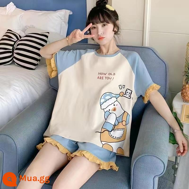 Bộ đồ ngủ mới quần short ngắn tay mùa hè của phụ nữ có thể mặc ra ngoài phục vụ tại nhà Bộ đồ lưới màu đỏ phong cách mùa hè 2023 mỏng mới - Vịt cong xanh [bộ]